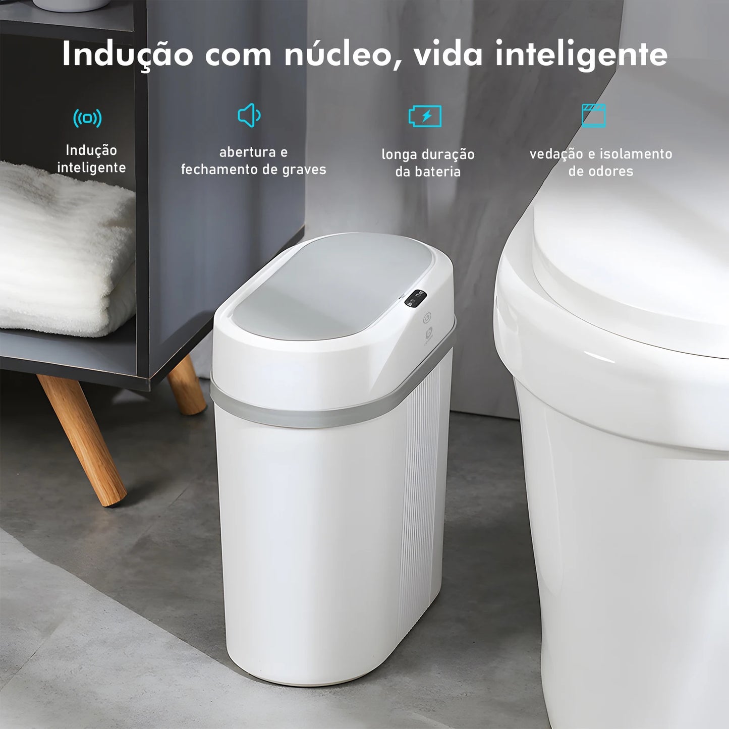 Lixeira Inteligente 12L com Sensor Automático, Tampa com Abertura Suave e Design Moderno - Cor Cinza, Ideal para Banheiros