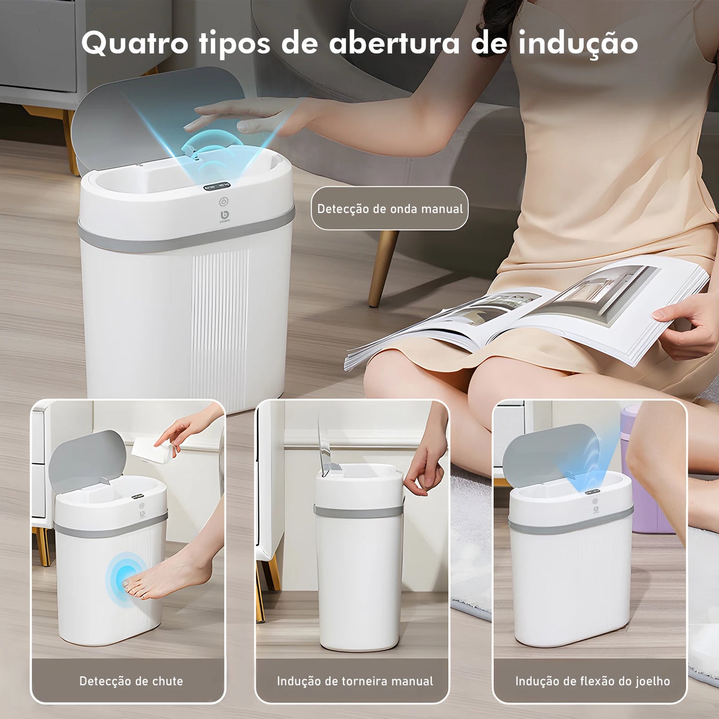 Lixeira Inteligente 12L com Sensor Automático, Tampa com Abertura Suave e Design Moderno - Cor Cinza, Ideal para Banheiros