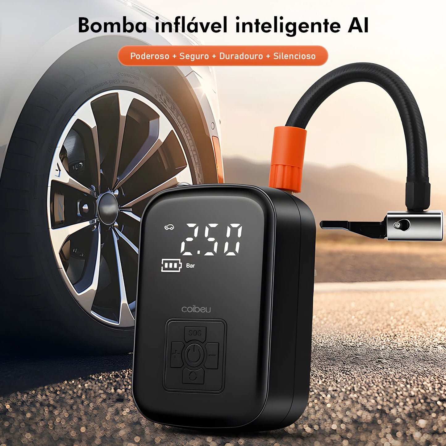 Mini Compressor de Ar Portátil Digital 120W com Lanterna LED - Bomba Elétrica para Pneus de Carro, Moto e Bike