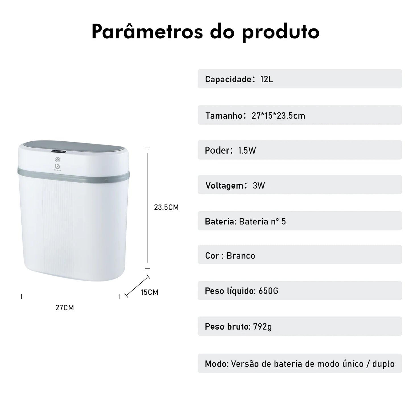 Lixeira Inteligente 12L com Sensor Automático, Tampa com Abertura Suave e Design Moderno - Cor Cinza, Ideal para Banheiros