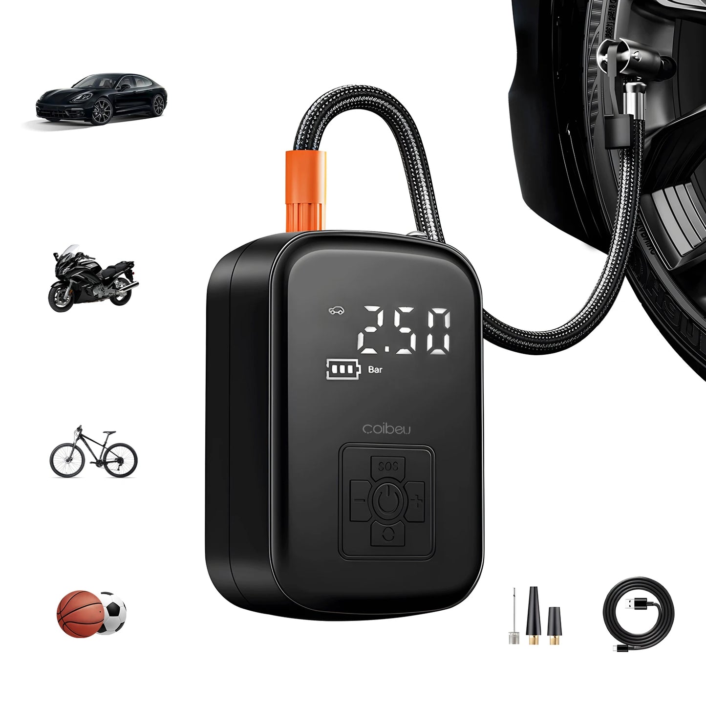 Mini Compressor de Ar Portátil Digital 120W com Lanterna LED - Bomba Elétrica para Pneus de Carro, Moto e Bike