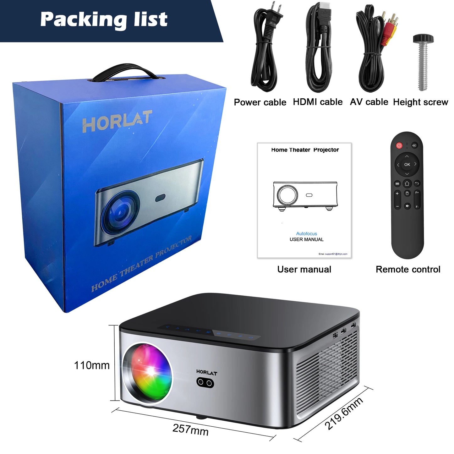 Projetor HORLAT Full HD 1080P 4K | Android 9.0 | Foco e Keystone Automáticos | Wi-Fi 5G | Cinema em Casa