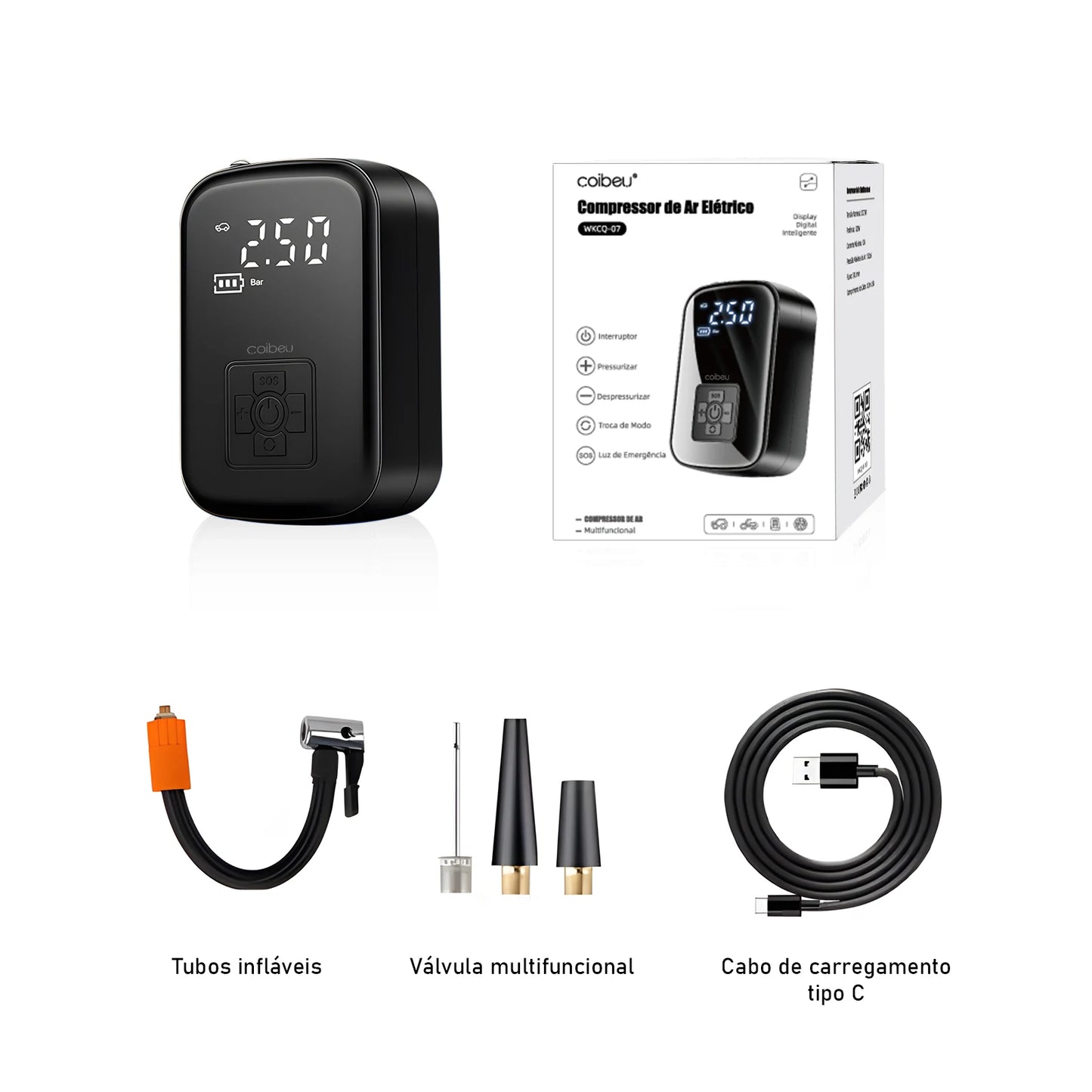 Mini Compressor de Ar Portátil Digital 120W com Lanterna LED - Bomba Elétrica para Pneus de Carro, Moto e Bike